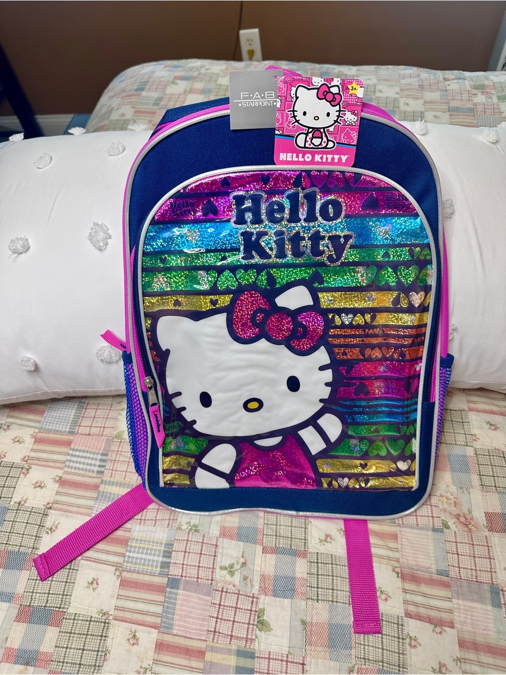 Hello Kitty Navy Blue and Pink Rainbow Sequin Kids Backpack